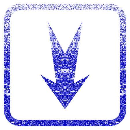 Arrow Down textured icon for overlay watermark stamps. Blue vectorized texture. Flat vector symbol with scratched design inside rounded square frame. Framed blue rubber seal stamp imitation.のイラスト素材
