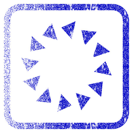 Rotate CCW textured icon for overlay watermark stamps. Blue vectorized texture. Flat vector symbol with scratched design inside rounded square frame. Framed blue rubber seal stamp imitation.のイラスト素材