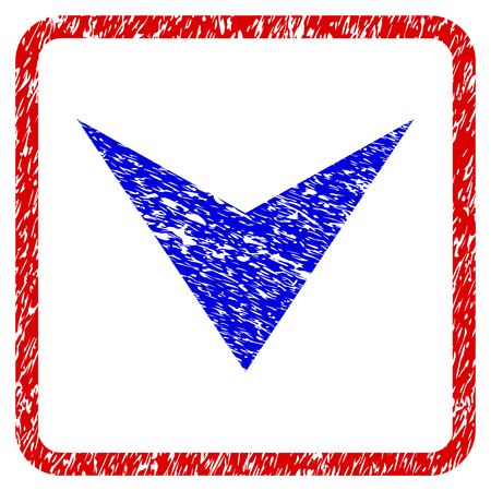 Blue downward  arrowhead grunge textured icon in rounded red frameのイラスト素材