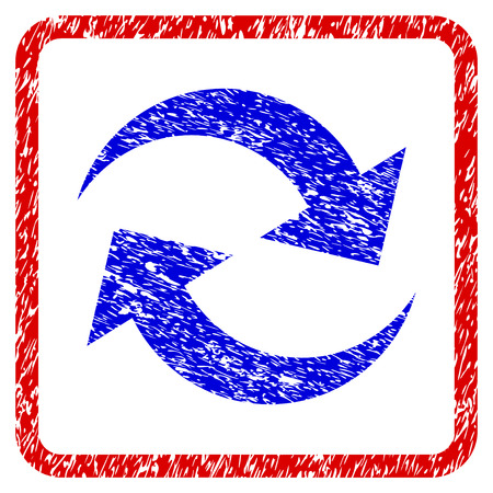 Refresh Arrows grunge textured icon. Rounded red frame with blue symbol with unclean texture. Blue and red colors. Corroded vector stamp with grainy design.のイラスト素材