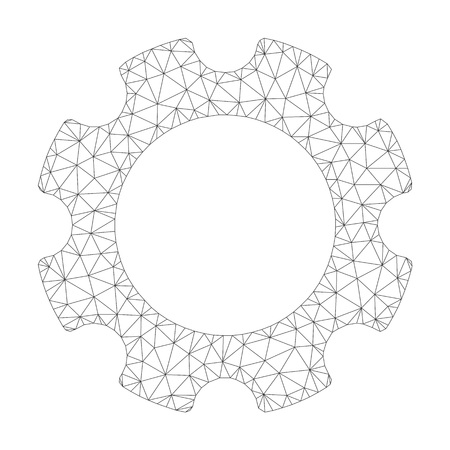 Mesh vector gear on a white background. Polygonal carcass grey gear in low poly style with organized triangles, nodes and lines. Vector eps abstract polygonal mesh concept of triangulated gear.のイラスト素材