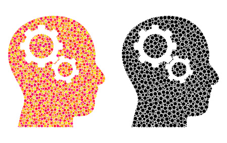 Pixel brain gears mosaic icons. Vector brain gears icons in multi-colored and black versions. Collages of different circle spots.のイラスト素材