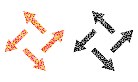 Dot centrifugal arrows mosaic icons. Vector centrifugal arrows icons in bright and black versions. Collages of random round dots.のイラスト素材