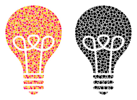 Dotted lamp bulb mosaic icons. Vector lamp bulb icons in bright and black versions. Collages of arbitrary circle elements. Vector mosaics of lamp bulb icons made of randomized round elements.のイラスト素材