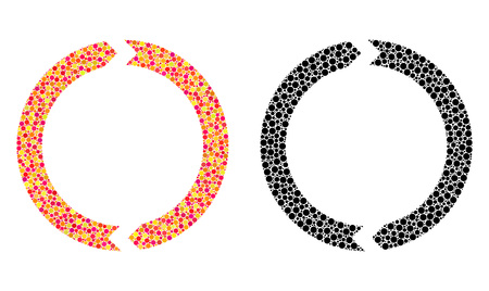 Dot rotation mosaic icons. Vector rotation pictograms in multi-colored and black versions. Collages of randomized round dots. Vector mosaics of rotation icons made of irregular dots.のイラスト素材