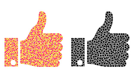 Dot thumb up mosaic icons. Vector thumb up icons in bright and black versions. Collages of randomized circle elements. Vector collages of thumb up icons formed of variable round elements.のイラスト素材