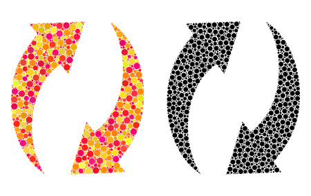 Dot refresh mosaic icons. Vector refresh icons in colorful and black versions. Collages of casual spheric elements. Vector collages of refresh icons organized of variable round pixels.のイラスト素材
