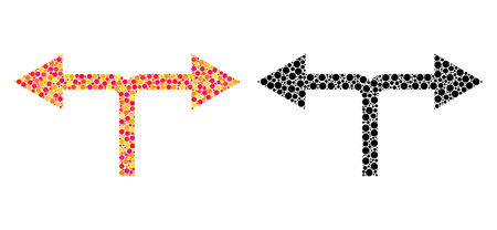 Dotted bifurcation arrows left right mosaic icons. Vector bifurcation arrows left right icons in bright and black versions. Collages of random round elements.のイラスト素材