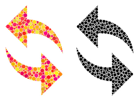 Dotted refresh mosaic icons. Vector refresh icons in multi-colored and black versions. Collages of casual circle spots. Vector collages of refresh icons designed with randomized circle elements.のイラスト素材