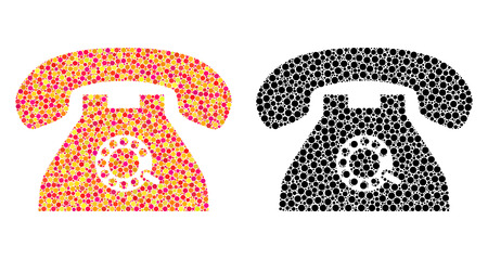 Dotted pulse phone mosaic icons. Vector pulse phone icons in bright and black versions. Collages of variable spheric spots. Vector collages of pulse phone icons made of irregular dots.のイラスト素材