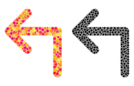 Dotted turn left mosaic icons. Vector turn left pictograms in colorful and black versions. Collages of irregular round dots. Vector collages of turn left icons organized of variable round dots.のイラスト素材