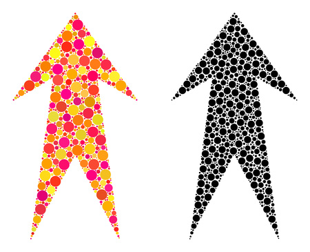 Dot arrow up mosaic icons. Vector arrow up icons in multi-colored and black versions. Collages of randomized spheric spots. Vector collages of arrow up icons done of random small circles.のイラスト素材