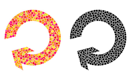 Dot rotate mosaic icons. Vector rotate icons in bright and black versions. Collages of different circle spots. Vector concepts of rotate icons done of random circle elements.のイラスト素材