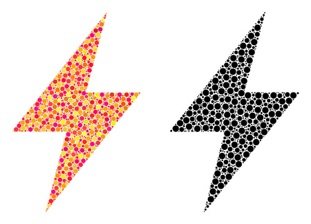 Dotted electric strike mosaic icons. Vector electric strike icons in bright and black versions. Collages of arbitrary circle elements. Vector collages of electric strike icons formed of casual spots.のイラスト素材
