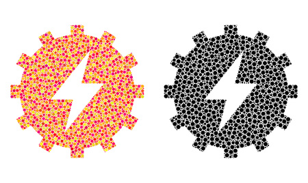 Dotted electric energy gear mosaic icons. Vector electric energy gear icons in colorful and black versions. Collages of irregular circle dots.のイラスト素材