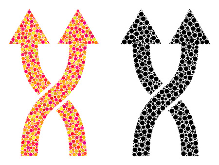 Pixel shuffle arrows up mosaic icons. Vector shuffle arrows up icons in bright and black versions. Collages of arbitrary round spots.のイラスト素材
