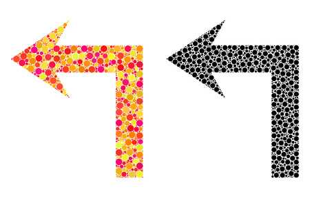 Dotted turn left mosaic icons. Vector turn left icons in colorful and black versions. Collages of arbitrary round elements. Vector concepts of turn left icons made of irregular small circles.のイラスト素材