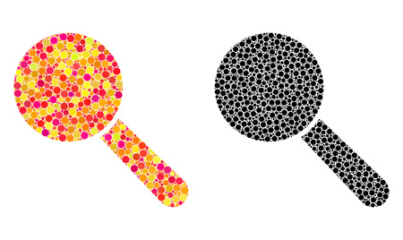 Dot search tool mosaic icons. Vector search tool icons in multi-colored and black versions. Collages of irregular round dots. Vector compositions of search tool icons combined of random round pixels.のイラスト素材