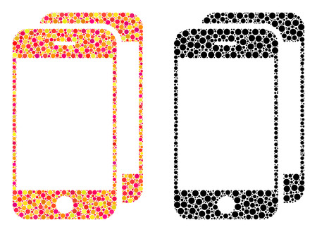 Pixel smartphones mosaic icons. Vector smartphones icons in colorful and black versions. Collages of arbitrary round elements. Vector collages of smartphones icons done with random round elements.のイラスト素材