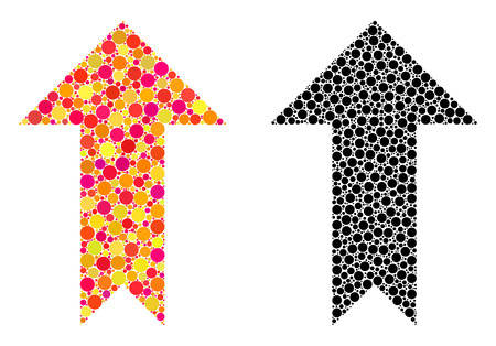 Pixel arrow up mosaic icons. Vector arrow up icons in bright and black versions. Collages of different spheric elements. Vector compositions of arrow up icons designed of casual spots.のイラスト素材