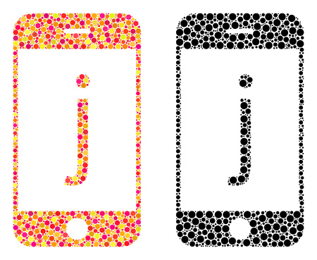 Dotted j phone mosaic icons. Vector j phone icons in colorful and black versions. Collages of random spheric spots. Vector mosaics of j phone icons made of random round pixels.のイラスト素材