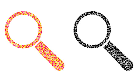 Dot search tool mosaic icons. Vector search tool icons in bright and black versions. Collages of random spheric elements. Vector mosaics of search tool icons created of random round elements.のイラスト素材