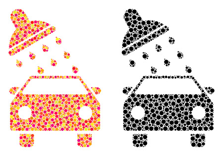 Dotted car wash mosaic icons. Vector car wash icons in multi-colored and black versions. Collages of arbitrary round elements.のイラスト素材