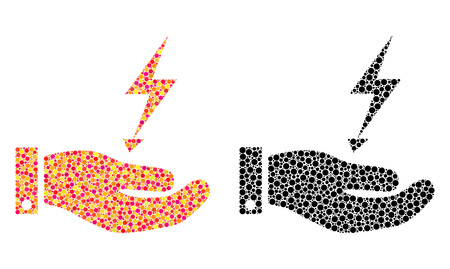 Pixel electricity supply hand mosaic icons. Vector electricity supply hand icons in multi-colored and black versions. Collages of different circle dots.のイラスト素材