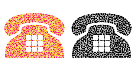 Pixel tone phone mosaic icons. Vector tone phone icons in bright and black versions. Collages of irregular circle elements. Vector collages of tone phone icons created of irregular small spheres.のイラスト素材