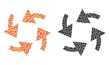 Dotted cyclone arrows mosaic icons. Vector cyclone arrows icons in multi-colored and black versions. Collages of irregular circle dots. Vector mosaics of cyclone arrows icons formed of irregular dots.のイラスト素材