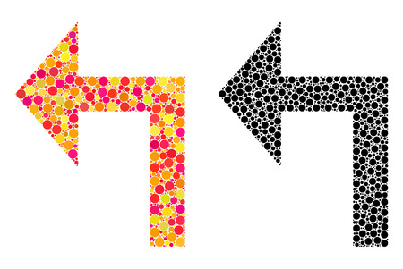 Dotted turn left mosaic icons. Vector turn left pictograms in colorful and black versions. Collages of different round elements. Vector collages of turn left images made of different circle elements.のイラスト素材