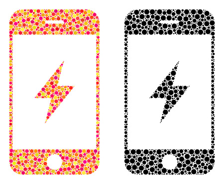 Dotted smartphone electricity mosaic icons. Vector smartphone electricity icons in colorful and black versions. Collages of variable circle spots.のイラスト素材