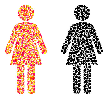 Dot woman mosaic icons. Vector woman icons in colorful and black versions. Collages of irregular round elements. Vector mosaics of woman icons created of scattered small circles.のイラスト素材