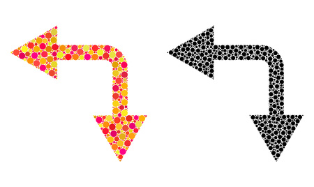 Dotted bifurcation arrow left down mosaic icons. Vector bifurcation arrow left down pictograms in multi-colored and black versions. Collages of arbitrary circle spots.のイラスト素材