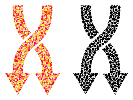Pixel shuffle arrows down mosaic icons. Vector shuffle arrows down icons in bright and black versions. Collages of casual round elements.のイラスト素材