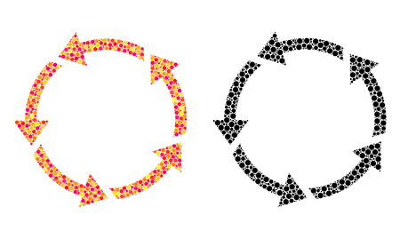 Dot rotation mosaic icons. Vector rotation icons in bright and black versions. Collages of variable round spots. Vector mosaics of rotation icons done of variable spots.のイラスト素材