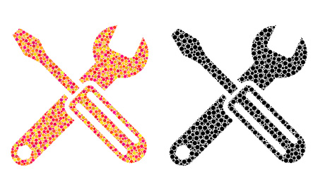 Dotted options mosaic icons. Vector options icons in colorful and black versions. Collages of casual circle spots. Vector mosaics of options images created of casual circle elements.のイラスト素材