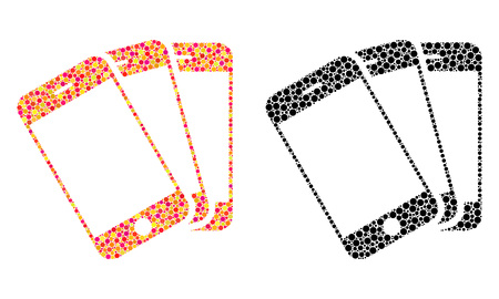 Dot smartphones mosaic icons. Vector smartphones icons in bright and black versions. Collages of irregular round spots. Vector mosaics of smartphones icons created of irregular round dots.のイラスト素材