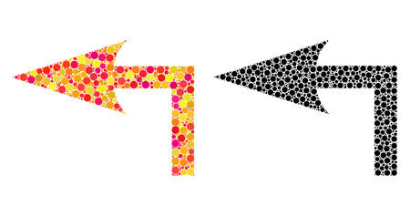 Dot turn left mosaic icons. Vector turn left icons in colorful and black versions. Collages of arbitrary circle dots. Vector collages of turn left icons organized of arbitrary circle elements.のイラスト素材