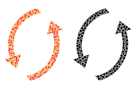 Dotted refresh mosaic icons. Vector refresh icons in bright and black versions. Collages of irregular round elements. Vector compositions of refresh icons combined of different round elements.のイラスト素材