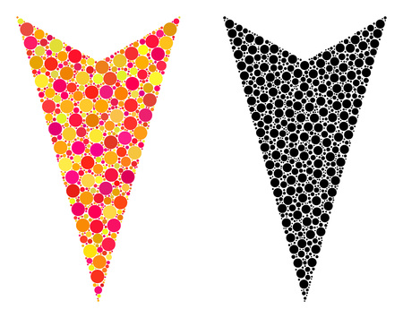 Dotted arrowhead down mosaic icons. Vector arrowhead down icons in colorful and black versions. Collages of different round dots.のイラスト素材