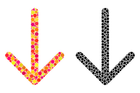Dotted arrow down mosaic icons. Vector arrow down icons in multi-colored and black versions. Collages of random spheric spots. Vector collages of arrow down icons composed of random round dots.のイラスト素材