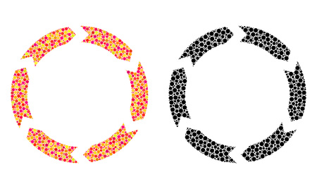 Pixel circulation mosaic icons. Vector circulation icons in bright and black versions. Collages of random spheric spots. Vector concepts of circulation icons designed of random circle elements.のイラスト素材