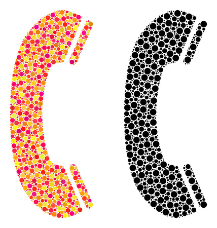 Pixel phone receiver mosaic icons. Vector phone receiver icons in bright and black versions. Collages of irregular circle elements.のイラスト素材