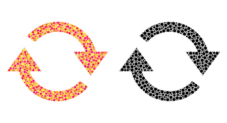 Pixel refresh mosaic icons. Vector refresh icons in multi-colored and black versions. Collages of variable circle dots. Vector collages of refresh icons combined of irregular circle elements.のイラスト素材