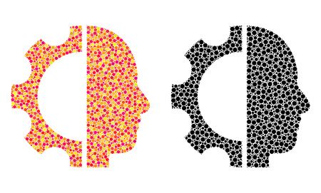 Dotted cyborg gear mosaic icons. Vector cyborg gear icons in bright and black versions. Collages of variable round spots. Vector mosaics of cyborg gear images composed with variable round pixels.のイラスト素材