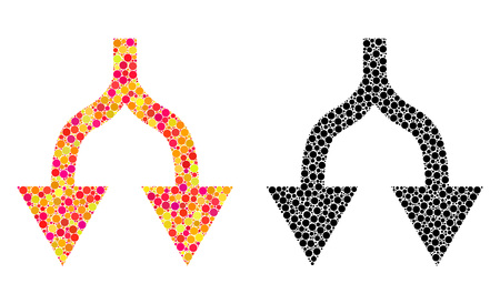 Pixel split arrows down mosaic icons. Vector split arrows down icons in multi-colored and black versions. Collages of arbitrary round elements.のイラスト素材
