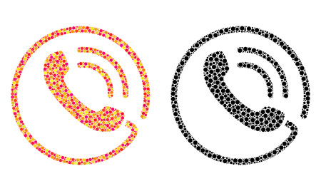 Pixel phone call mosaic icons. Vector phone call icons in multi-colored and black versions. Collages of variable spheric spots.のイラスト素材