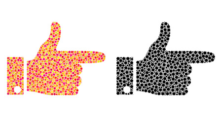 Dot hand pointer right mosaic icons. Vector hand pointer right icons in colorful and black versions. Collages of randomized round spots.のイラスト素材