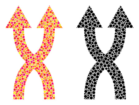 Dot shuffle arrows up mosaic icons. Vector shuffle arrows up icons in multi-colored and black versions. Collages of random circle spots.のイラスト素材